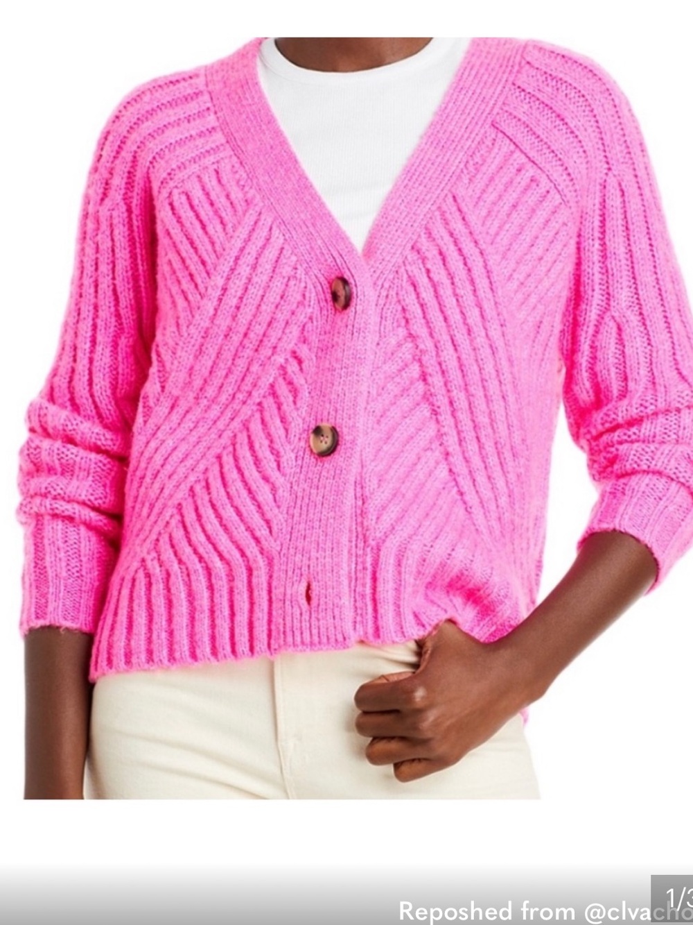 Aqua hot pink ribbed knit V-neck cardigan sweater S